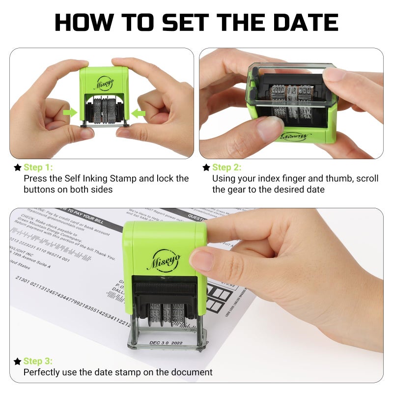 Miseyo Self Inking Date Stamp - Green (2 Black Refill Ink pad Included) - Image 5